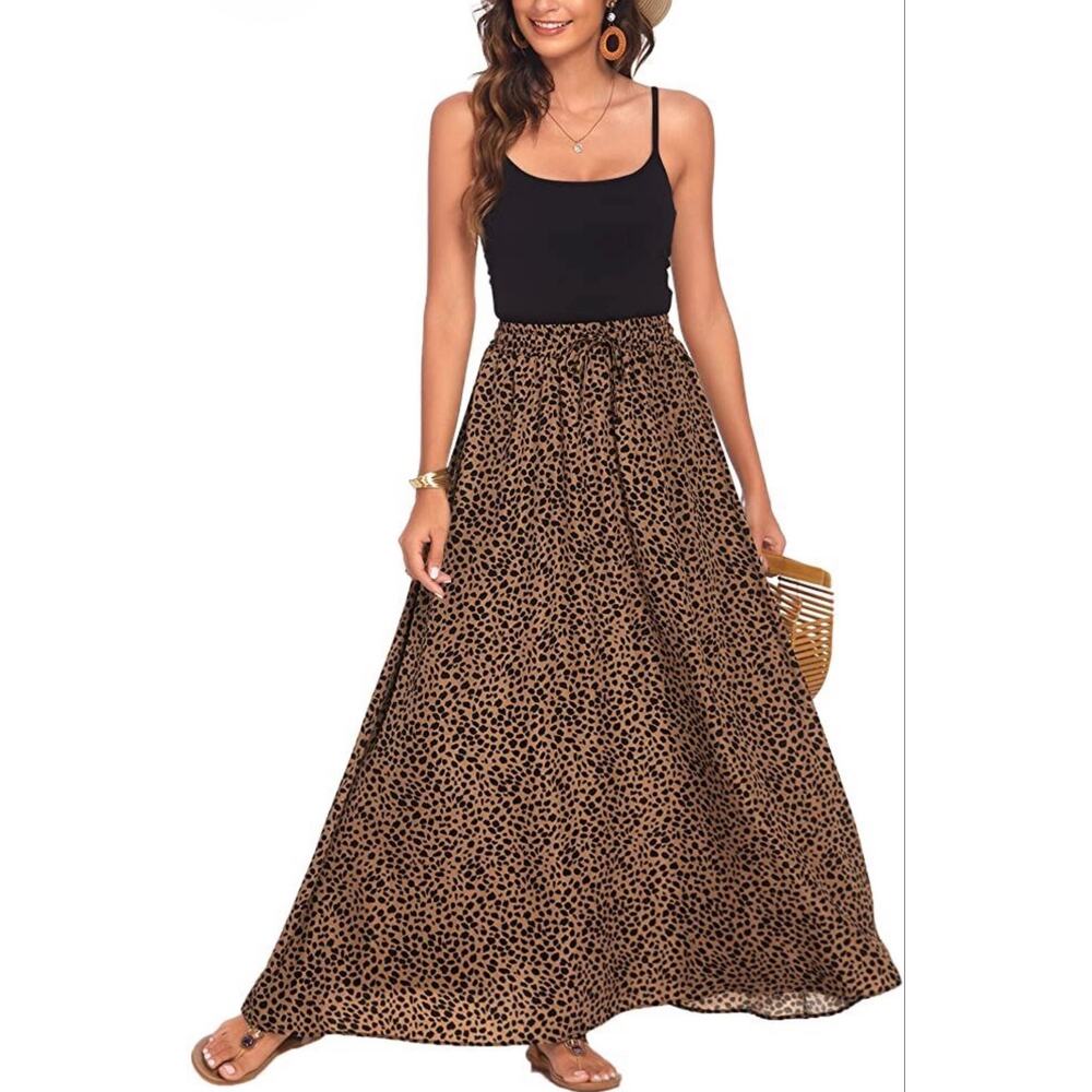 Bluetime Women’s Leopard Cheetah Print Brown Black Elastic Waste Maxi Skirt L - Picture 2 of 12